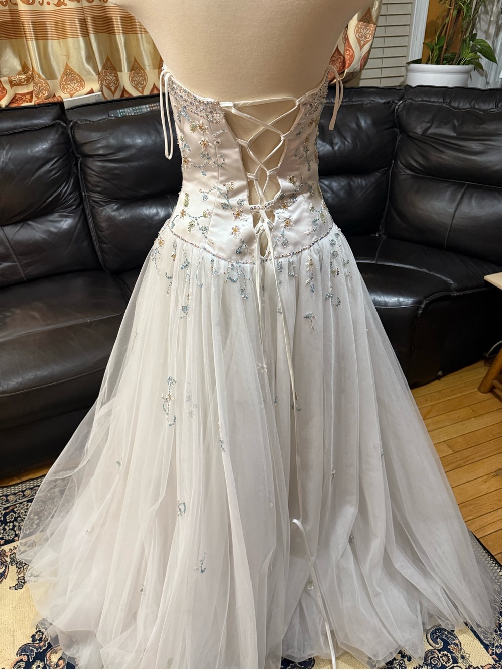 Alyce Designs Vintage 10 White strapless gown with floral beading #prom #formal
